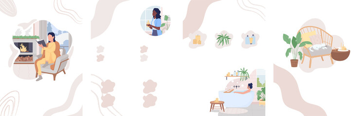 How to hygge your life flat raster brochure template. Scandinavian style booklet, leaflet printable flat color designs. Simple magazine page, reports kit with copyspace