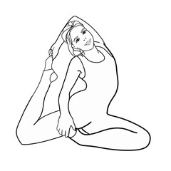 Coloring page. Smiling woman doing stretching exercises vector flat illustration. Happy women doing pilates or yoga at home or in the gym, isolated on white. Blank for designer, logo, icon