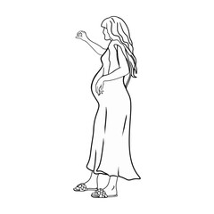 Fototapeta na wymiar Antistress coloring page. Pregnant woman, future mom, in long dress standing and hugging belly with arm. Flat vector illustration. Isolated on white background. For printing , cards, designers, logo