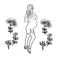 Pregnant woman, future mom, standing in nature posing and making a photo. Flat vector illustration. Happy future mom side view.. Isolated on white background. Coloring page