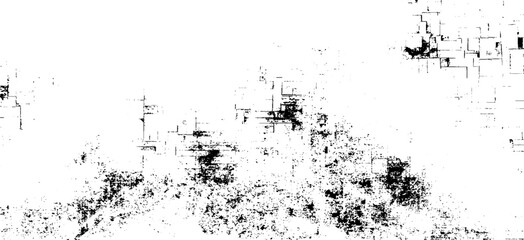Monochrome texture composed of irregular graphic elements. Distressed uneven grunge background. Abstract vector illustration. Overlay for interesting effect and depth. Isolated on white background.