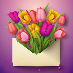 Flowers in envelope. Pink, yellow and purple tulips in paper envelope.