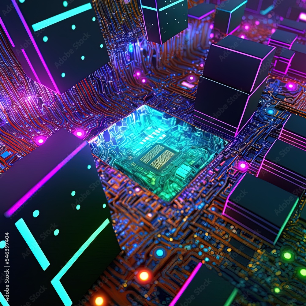 Poster colorful glowing alien technology, microprocessors and chips in space concept, computer generated ab