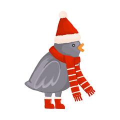 Illustration of a cute hand drawn Christmas bird. Cozy Bird with Santa hat, boots and scarf. Winter Christmas holiday