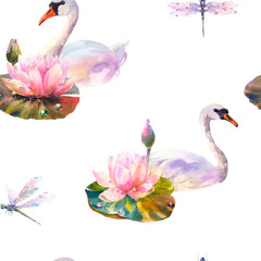 Watercolor seamless pattern with graceful swans, beautiful water lilies and dragonflies on white background.