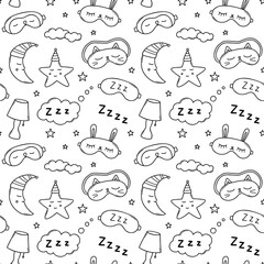 Seamless pattern of sleep doodle. Good night symbols in sketch style. Hand drawn vector illustration isolated on white background