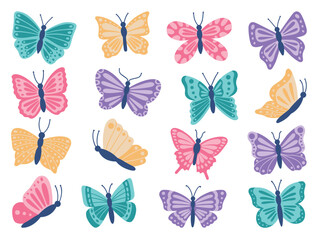 Butterflies set. Flying insects. Hand drawn vector illustration isolated on white background