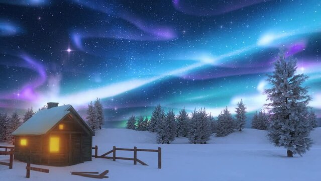 Blue Purple Aurora Borealis in a Snowy Landscape - Looping Animation Nature Background