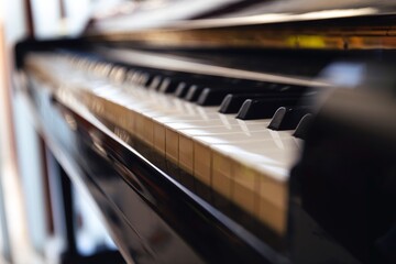 A close up portrait of an old vintage piano standing in a living room ready to be played. The...