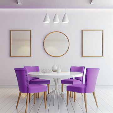 Bright very peri dining room. White round table and lavender purple chairs. Empty wall blank for art, frame or decor. 3d render High quality illustration