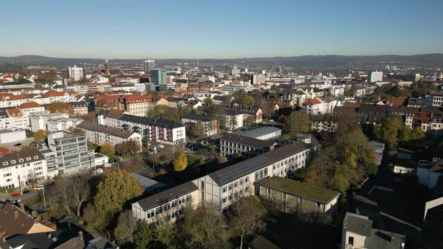 Aerial view of the city Kassel in Germany on a sunny day in fall, autumn