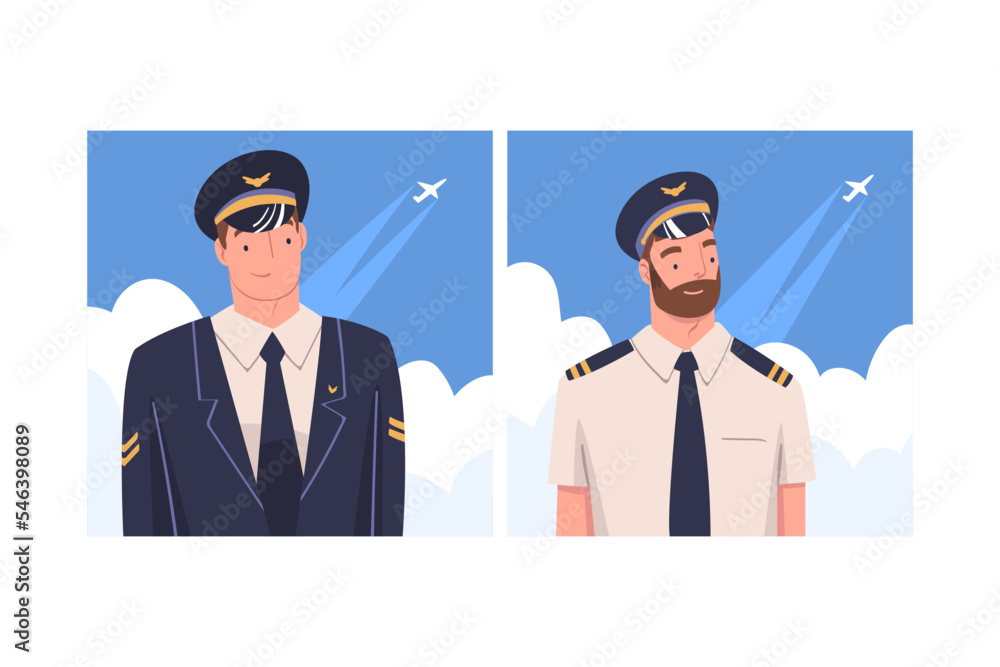 Aufkleber man aircraft pilot or aviator in cap and uniform smiling vector set