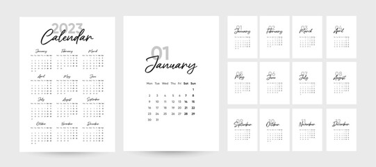 Monthly calendar 2023 template in trendy minimalist Style, cover concept, set of 12 pages desk calendar, 2023 minimal calendar planner design for printing template in black and white