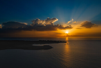 Stunning dramatic aerial sunrise view of the island of Lobos near Corralejo Fuerteventura
