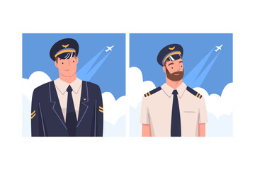 Man Aircraft Pilot or Aviator in Cap and Uniform Smiling Vector Set