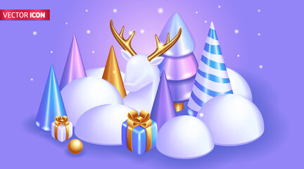 Realistic 3D Isometric illustration. Christmas card with New Year decorations. Christmas trees, gifts and a white deer with golden horns. Merry Christmas 2023. Vector for web Design