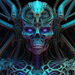 Obraz premium Bio mechanical god of death, cyberpunk demon, neon light, character, concept art illustration