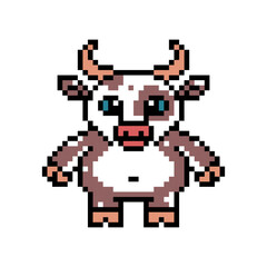 Standing brown and white horned cow, cute pixel art character isolated on white background. Old school retro 80s, 90s 8 bit slot machine, computer, video game graphics. Cartoon farm animal mascot.