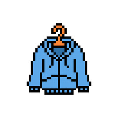 Pixel art symbol of a blue hoodie with a zipper on a hanger isolated on white background. Long sleeve sweatshirt, 8 bit icon. Old school retro vintage 90s, 80s slot machine, 2d video game graphics