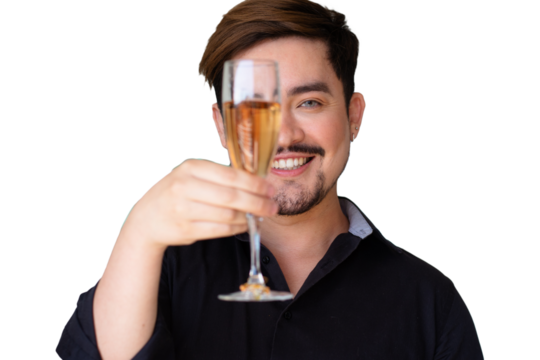 Young man offering a glass of champagne, casual celebration, New Year or wedding toast - Powered by Adobe