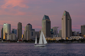 Sailboat coming into the San Diego harbor at sunset with the skyline in the distance