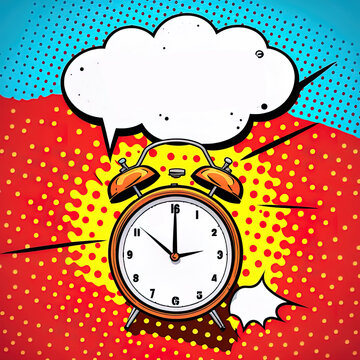 Background with comic alarm clock ringing and expression speech bubble with wake up text. 2r illustrated bright dynamic cartoon illustration in retro pop art style on halftone background.