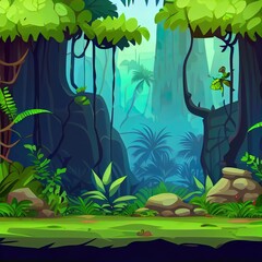 Jungle or rainforest landscape, tropical forest cartoon background, 2d game interface with parallax effect. Panoramic wallpaper with green plants, lianas, rocks and trees frame, 2r illustrated