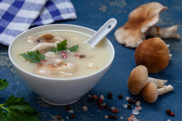 Homemade mushroom soup in white bowl. Delicious soup puree with wild mushrooms, peppers and herbs.