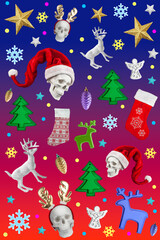 Bright beautiful background with many festive objects of christmas day. Christmassy funky ornament concept. Stylish design pattern Happy New Year and xmas holiday decor. Winter funny symbols mood 2023