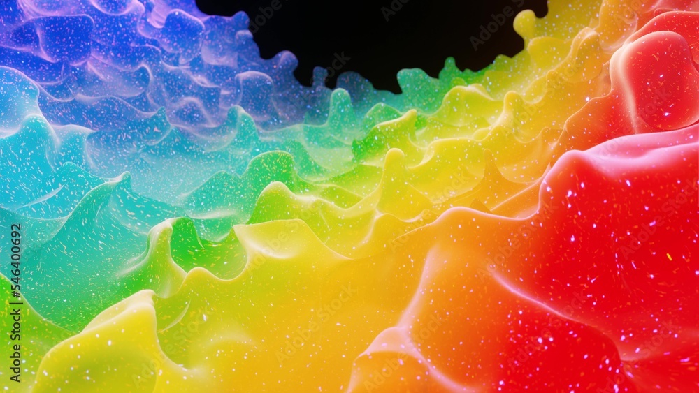 Poster liquid gradient rainbow color. bright matte paint surface as abstract festive background. glitters o