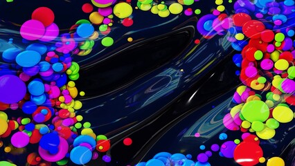 abstract background of shiny glossy surface like wavy transparent liquid with rainbow color circles like drops of paint in oil. Beautiful creative background with color gradient. 3d render
