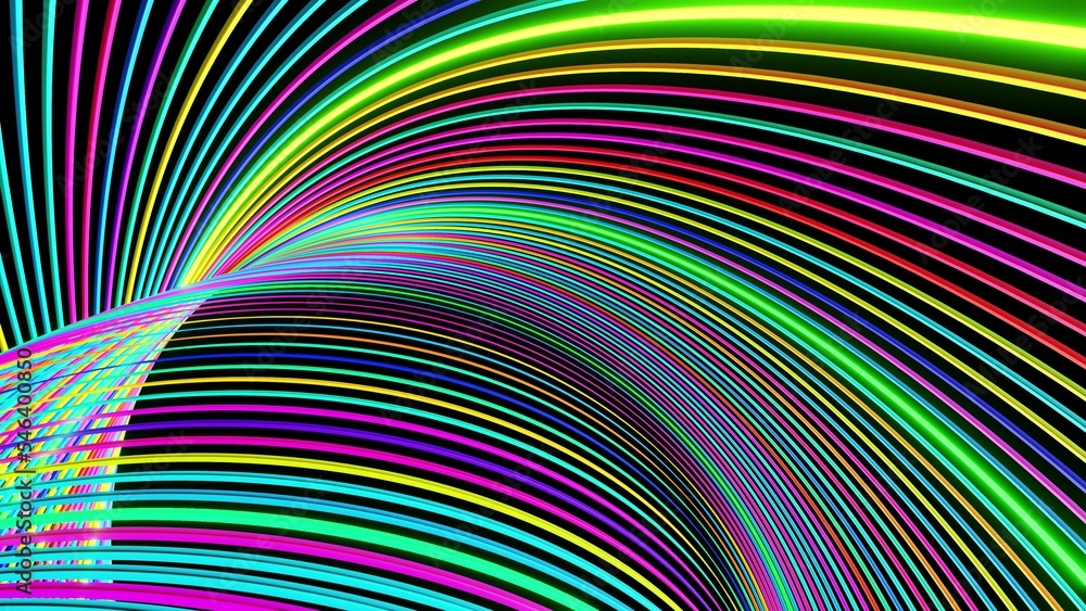 Poster 3d render. abstract geometric bg with rings form complex twisted spiral and light effects. rings fla