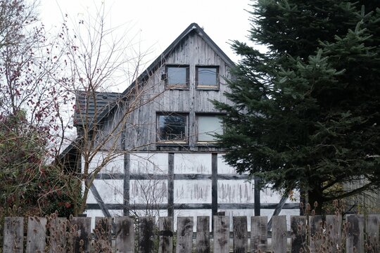 Half-timbered buildings in Krzemienica on Polish central Pomerania, near Slupsk, Poland. Krzemienica is a village known for its half-timbered buildings (Prussian wall)