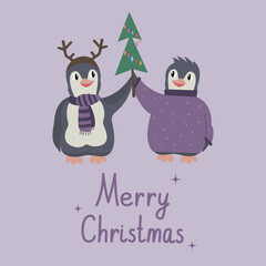 Merry Christmas Greeting Illustration with a Cute Cartoon Penguins holding Christmas Tree. Christmas concept