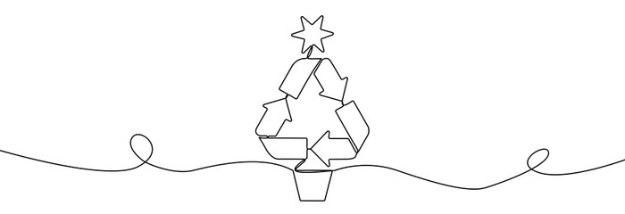 Recycle christmas three one line.Chrismas three with recycle symbol continuous line.Recycling icon hand drawn.Christmas recycle pine tree.Green Christmas.