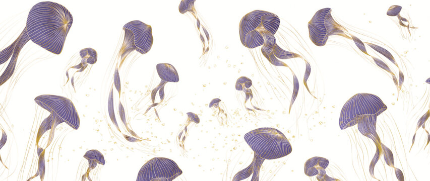 Abstract luxury art background with hand drawn jellyfish with gold line art elements. Animal banner with sea animals for decoration, print, wallpaper, interior design, textile.