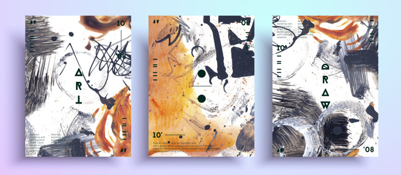 Abstract vector poster, set of modern design art covers. Contemporary expressionism with brushstrokes of paint, stains and pencil strokes. Can be used as background, wall print or poster.