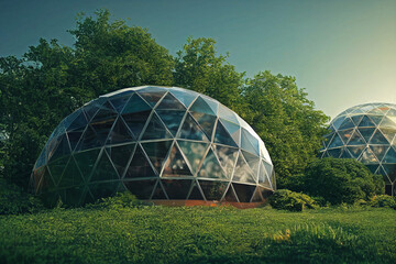 Concept art, futuristic domed glass greenhouse or eco-house in nature, 2d illustration, 2d art