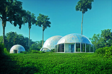 Concept art, futuristic domed glass greenhouse or eco-house in nature, 2d illustration, 2d art
