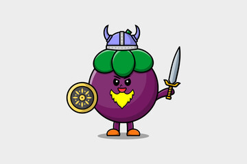 Cute cartoon character Mangosteen viking pirate with hat and holding sword and shield illustration