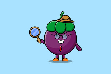 Cute cartoon character Mangosteen detective is searching with magnifying glass   
