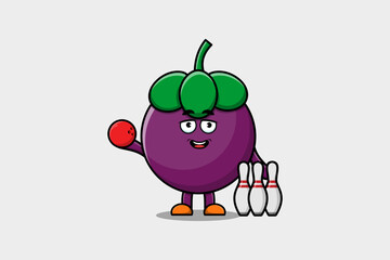 Cute cartoon Mangosteen character playing bowling in flat modern style design illustration