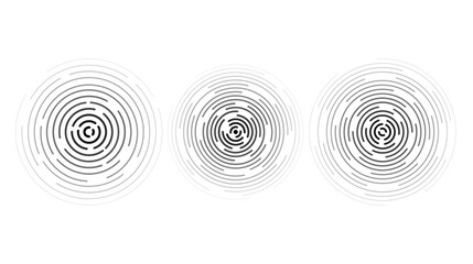 Concentric ripple circles set. Sonar or sound wave rings collection. Epicentre, target, radar icon concept. Radial signal or vibration elements.