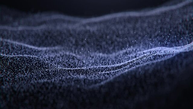 Moving flow blue color particles flashing micro dust on dark space background, digital animation abstract texture glowing crystals. Futuristic 3d light motion design for cinematic titles dynamic sound