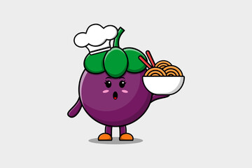 Cute cartoon Mangosteen chef character holding noodles in bowl flat cartoon style illustration