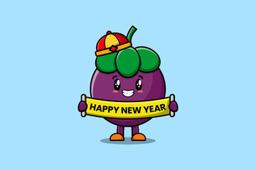 Cute cartoon Mangosteen chinese character holding happy new year board illustration