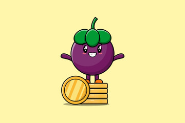 Cute cartoon Mangosteen character standing in stacked gold coin vector illustration in flat cartoon 