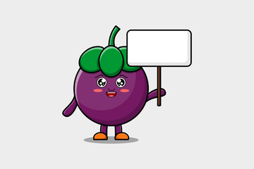 Cute cartoon Mangosteen character holding blank board in vector flat cartoon style illustration