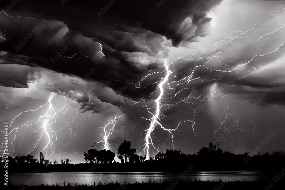Poster black and white image of multiple lightning strikes