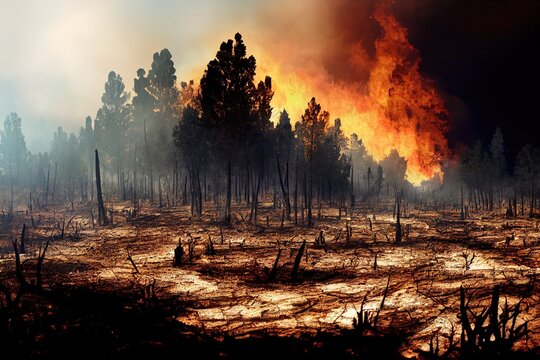 Devastated scorched earth in the valley, burnt trees, burnt vegetation and grass. 